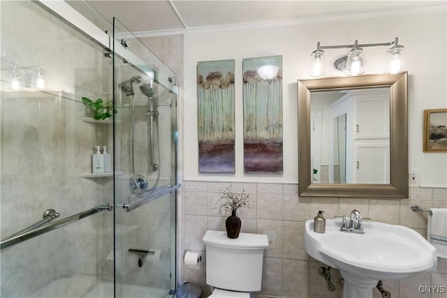 4937 W Seneca, Onondaga, NY 13215 - bathroom with a sink, a shower stall, crown molding, and toilet