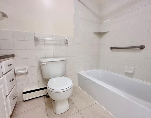 2501 E Ave, Brighton, NY 14610 - bathroom with a baseboard radiator, toilet, tile patterned floors, tile walls, and vanity