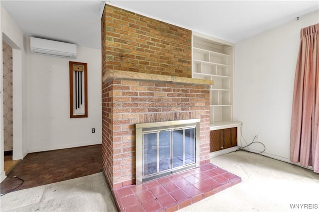 1701 Billington Rd, Elma, NY 14052 - unfurnished living room with a wall unit AC, a brick fireplace, baseboards, and built in shelves
