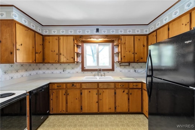 1701 Billington Rd, Elma, NY 14052 - kitchen featuring black appliances, a sink, light floors, open shelves, and wallpapered walls