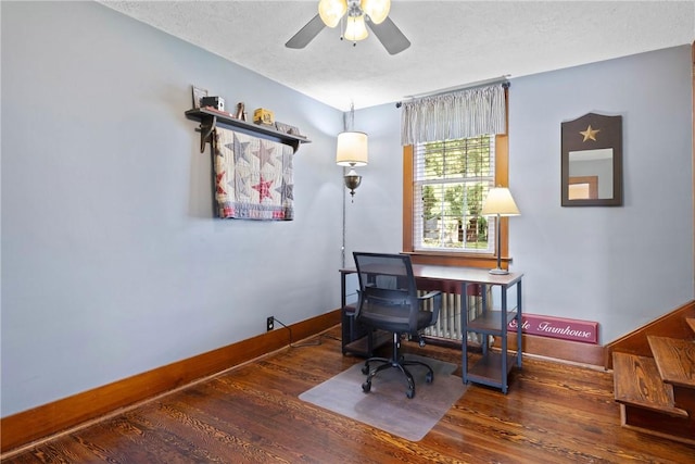 707 Hubbell Rd, Ogden, NY 14428 - office featuring wood finished floors, baseboards, a ceiling fan, and a textured ceiling
