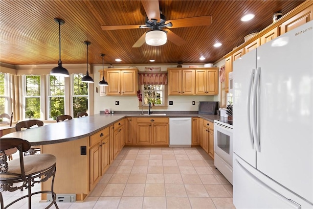 707 Hubbell Rd, Ogden, NY 14428 - kitchen featuring white appliances, wood ceiling, a sink, dark countertops, and a peninsula