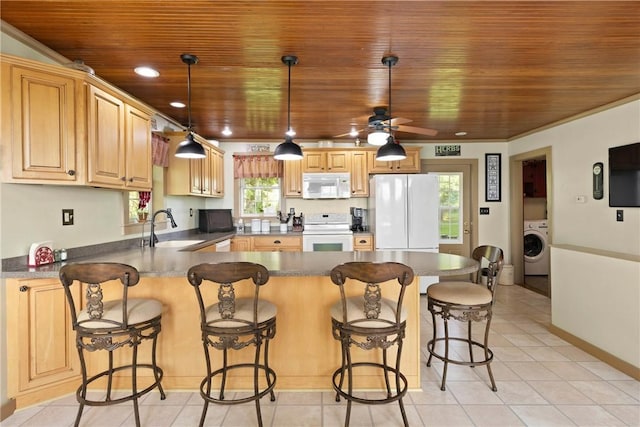 707 Hubbell Rd, Ogden, NY 14428 - kitchen featuring white appliances, wooden ceiling, a sink, washer / clothes dryer, and a peninsula