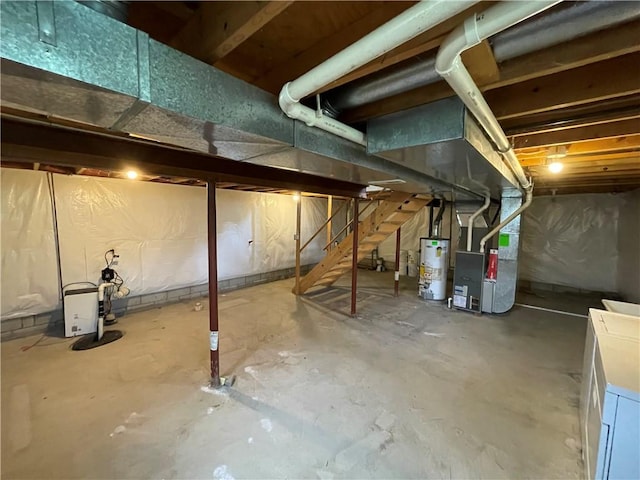 235 Briarwood Ln, Wheatland, NY 14546 - unfinished basement with gas water heater, heating unit, and stairs