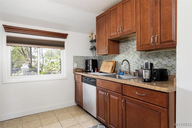 596 Longmeadow Rd, Amherst, NY 14226 - kitchen featuring stainless steel dishwasher, a sink, backsplash, baseboards, and light tile patterned flooring