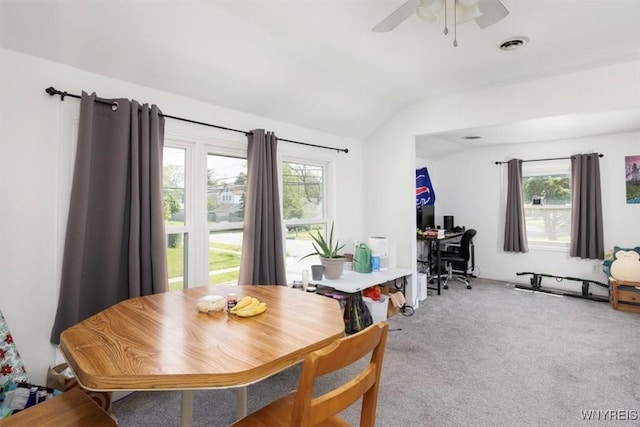 596 Longmeadow Rd, Amherst, NY 14226 - dining room with vaulted ceiling, carpet, a ceiling fan, and an office area