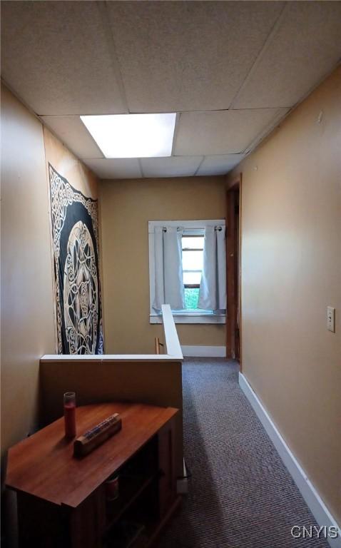 58-60 Lansing St, Auburn, NY 13021 - hallway with carpet floors, baseboards, and a paneled ceiling