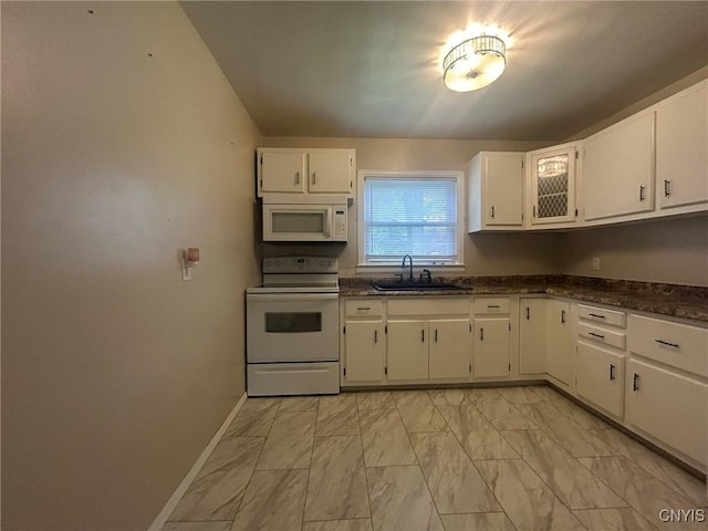 719 Dawes Ave, Utica, NY 13502 - kitchen featuring white appliances, a sink, light marble finish flooring, white cabinets, and baseboards