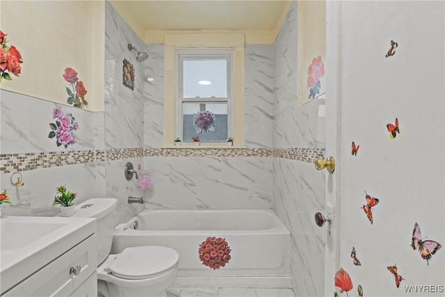 159 Kilhoffer St, Buffalo, NY 14211 - bathroom with vanity, toilet, marble look tiles, washtub / shower combination, and tile walls