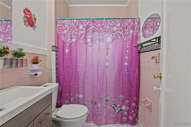 159 Kilhoffer St, Buffalo, NY 14211 - bathroom with tile walls, vanity, toilet, and a shower with shower curtain
