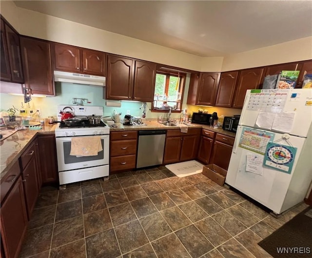 272 Dewitt St, Buffalo, NY 14213 - kitchen with white appliances, under cabinet range hood, a sink, light countertops, and dark brown cabinetry