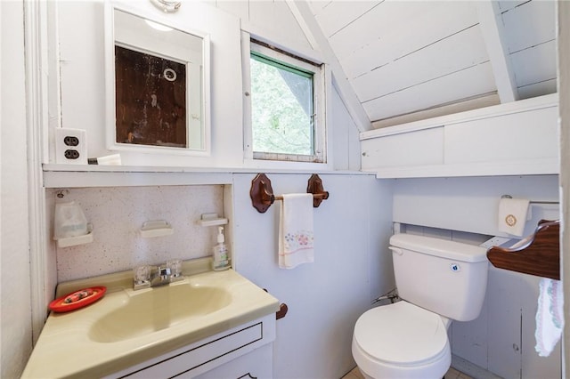 7732 Lake Blf, Huron, NY 14590 - bathroom featuring vaulted ceiling, vanity, and toilet