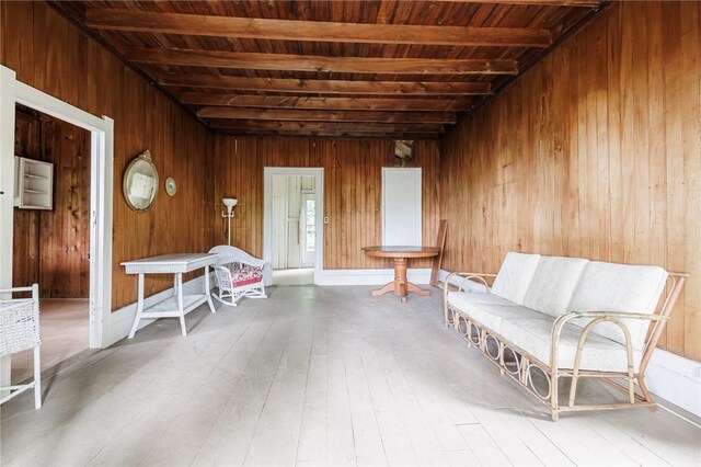 7732 Lake Blf, Huron, NY 14590 - miscellaneous room featuring wooden walls, wooden ceiling with exposed beams, and hardwood / wood-style flooring