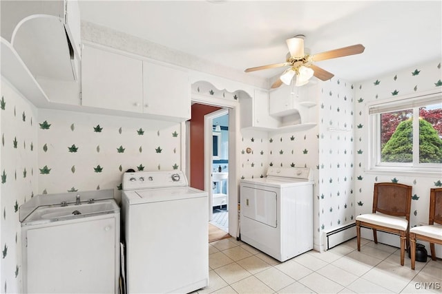 139 Capitol Street Ext, Sennett, NY 13021 - laundry area featuring wallpapered walls, washer and dryer, a ceiling fan, cabinet space, and light tile patterned flooring