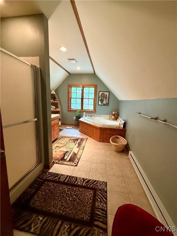 3805 State Highway 80, Columbus, NY 13460 - full bathroom featuring a baseboard radiator, a garden tub, vaulted ceiling, tile patterned floors, and a shower stall