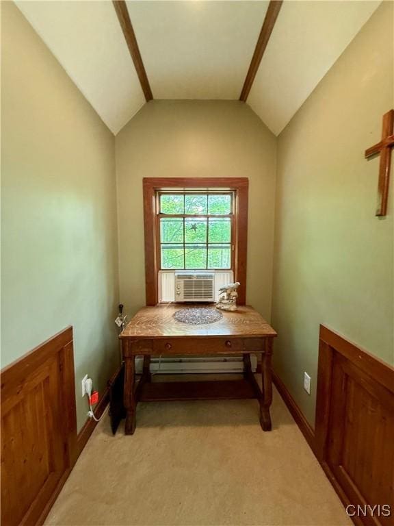 3805 State Highway 80, Columbus, NY 13460 - dining area featuring baseboard heating, light colored carpet, vaulted ceiling, cooling unit, and baseboards