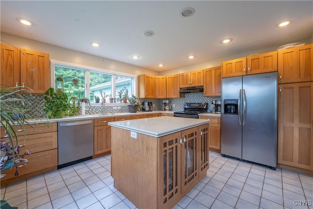 3871 Skyline Dr, Kirkland, NY 13323 - kitchen featuring stainless steel appliances, under cabinet range hood, light countertops, tasteful backsplash, and recessed lighting