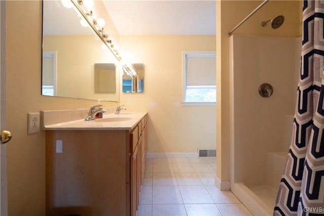3871 Skyline Dr, Kirkland, NY 13323 - bathroom with double vanity, a shower with shower curtain, baseboards, and tile patterned floors