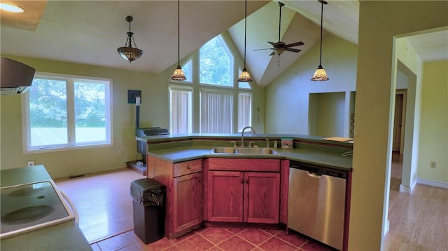 1547 Great Gully Rd, Springport, NY 13160 - kitchen featuring dishwasher, a sink, hanging light fixtures, ceiling fan, and extractor fan