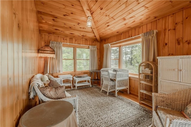 48785 Bamerick Rd, Alexandria, NY 13679 - sitting room featuring wood ceiling, wood walls, wood finished floors, and lofted ceiling