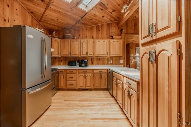 48785 Bamerick Rd, Alexandria, NY 13679 - kitchen with stainless steel appliances, lofted ceiling, a skylight, a sink, and light countertops