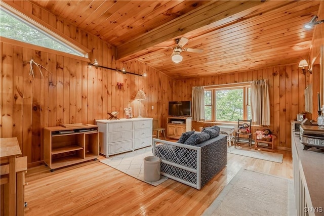 48785 Bamerick Rd, Alexandria, NY 13679 - living room with wooden ceiling, light wood-style flooring, a ceiling fan, and wood walls
