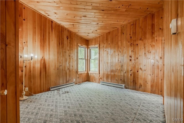 48785 Bamerick Rd, Alexandria, NY 13679 - empty room featuring carpet, baseboard heating, a baseboard radiator, wood ceiling, and wood walls