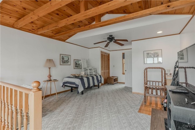 48785 Bamerick Rd, Alexandria, NY 13679 - carpeted bedroom with baseboards, wooden ceiling, recessed lighting, and ceiling fan