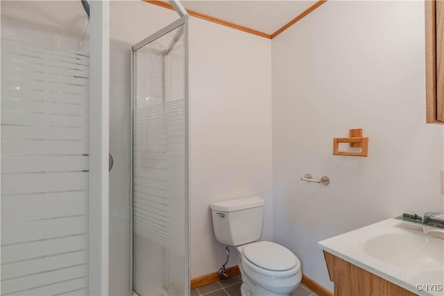 48785 Bamerick Rd, Alexandria, NY 13679 - bathroom featuring a shower stall, ornamental molding, vanity, baseboards, and toilet