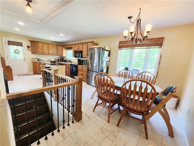 1305 Wyncoop Creek Rd, Chemung, NY 14825 - dining room featuring plenty of natural light, a chandelier, recessed lighting, and crown molding
