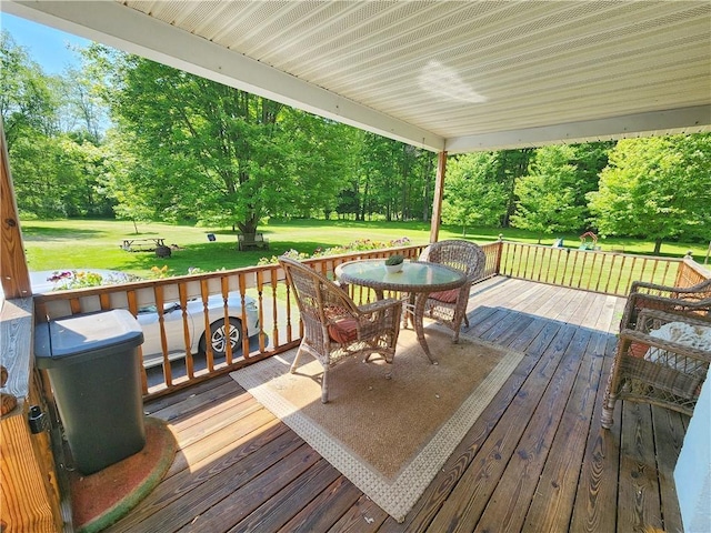 1305 Wyncoop Creek Rd, Chemung, NY 14825 - deck with a lawn, view of scattered trees, and outdoor dining area