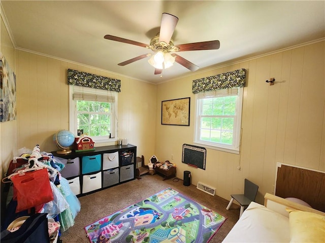 1305 Wyncoop Creek Rd, Chemung, NY 14825 - rec room featuring plenty of natural light, carpet floors, a ceiling fan, and ornamental molding