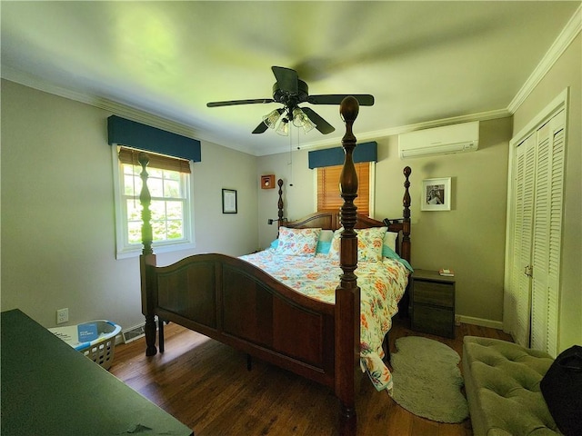 1305 Wyncoop Creek Rd, Chemung, NY 14825 - bedroom with a wall mounted AC, wood finished floors, crown molding, ceiling fan, and baseboards