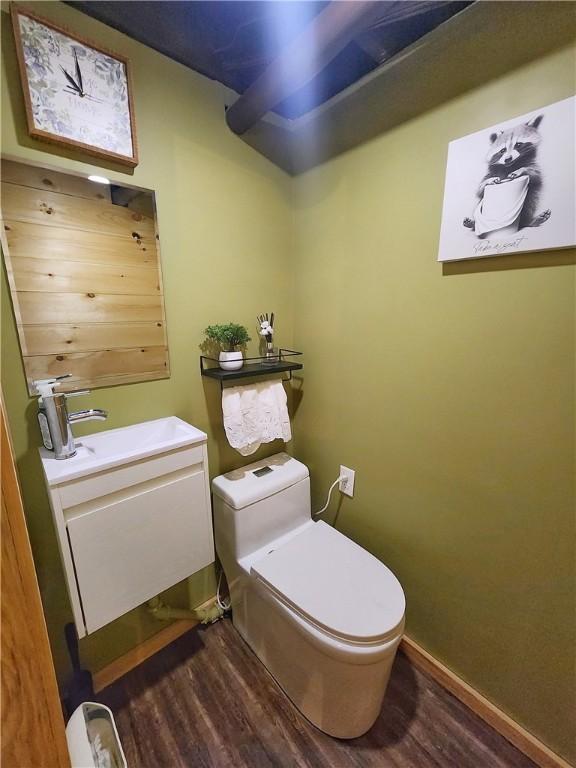 1305 Wyncoop Creek Rd, Chemung, NY 14825 - bathroom featuring wood finished floors, toilet, vanity, and baseboards