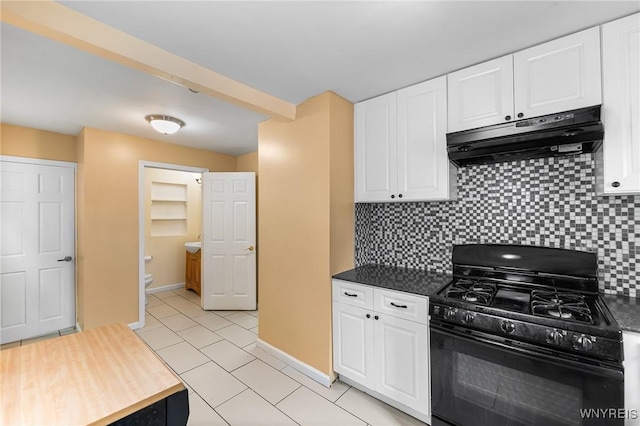 103 Ledger St, Buffalo, NY 14216 - kitchen with black gas range, under cabinet range hood, decorative backsplash, and white cabinets