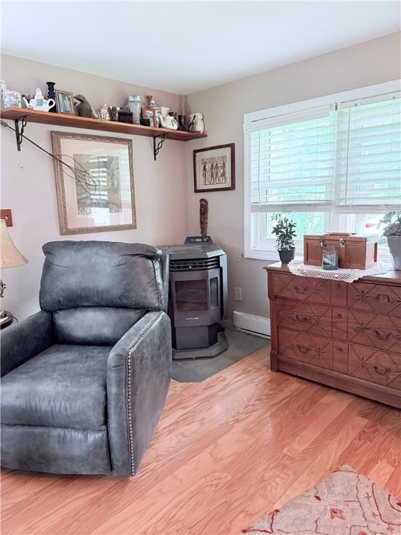 3679 County Highway 35, Middlefield, NY 13450 - sitting room featuring a wood stove, light wood-type flooring, baseboards, and baseboard heating