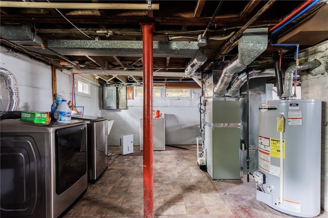 74 Everett St, Greece, NY 14615 - basement featuring water heater, independent washer and dryer, electric panel, and refrigerator