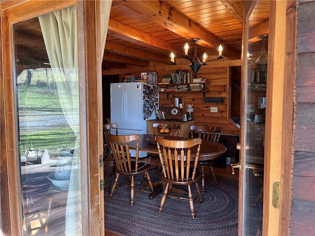 3921 State Route 226, Tyrone, NY 14837 - dining space with wood walls, wooden ceiling with exposed beams, and a chandelier