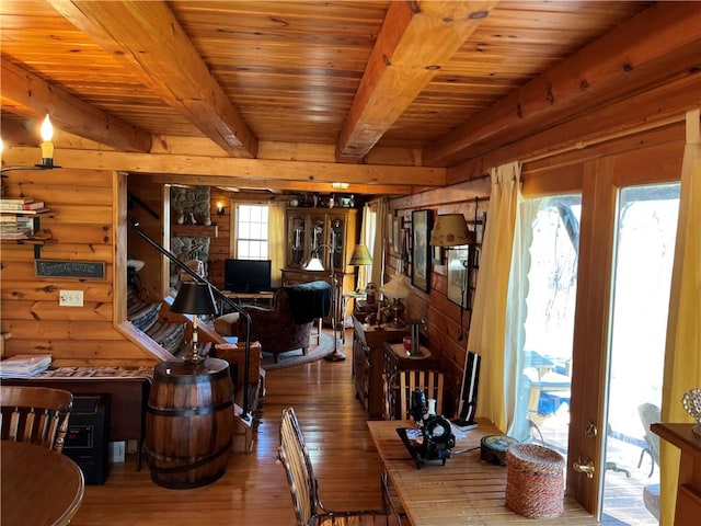 3921 State Route 226, Tyrone, NY 14837 - dining area featuring wood-type flooring, wood ceiling with exposed beams, french doors, stairway, and wood walls