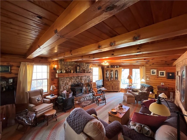 3921 State Route 226, Tyrone, NY 14837 - living area with beamed ceiling, plenty of natural light, wood finished floors, and wood walls