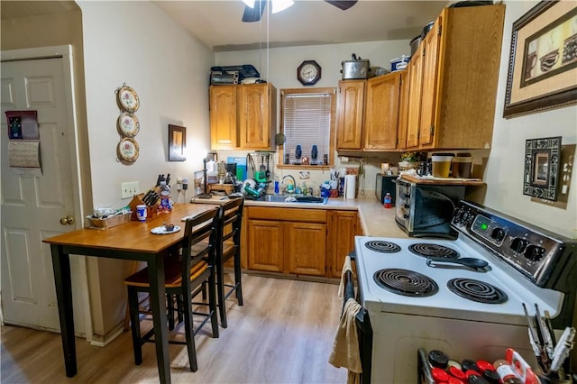 127 Devonshire Ct, Rochester, NY 14619 - kitchen with white electric range oven, a sink, light wood-type flooring, light countertops, and a ceiling fan