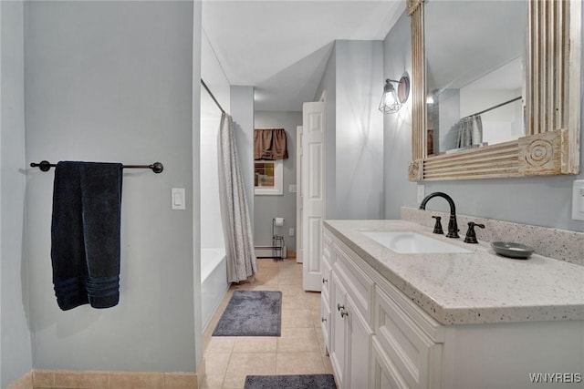2194 Rte 39, Sheridan, NY 14062 - full bathroom with vanity, tile patterned flooring, baseboard heating, shower / bathtub combination with curtain, and baseboards