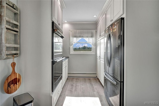 2194 Rte 39, Sheridan, NY 14062 - kitchen with freestanding refrigerator, baseboard heating, light wood-type flooring, white cabinetry, and recessed lighting