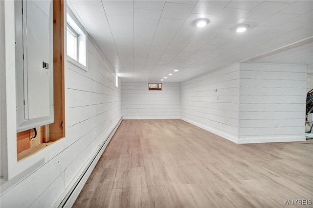 2194 Rte 39, Sheridan, NY 14062 - below grade area with electric panel, wood finished floors, wood walls, and a baseboard heating unit