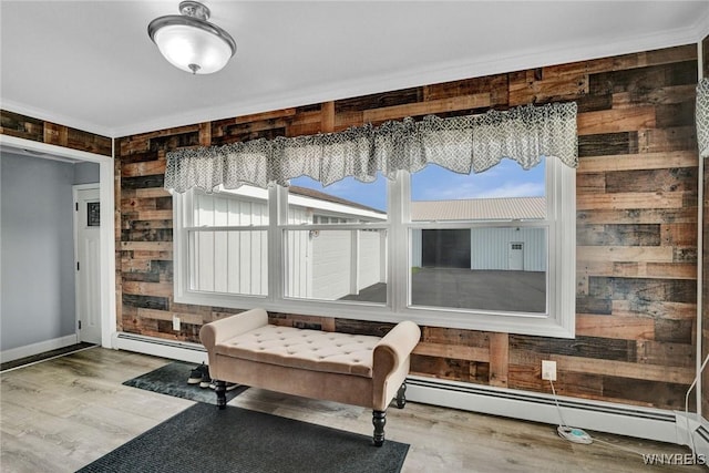 2194 Rte 39, Sheridan, NY 14062 - miscellaneous room featuring a baseboard heating unit, wooden walls, plenty of natural light, and wood finished floors