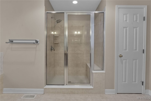 6017 Corinne Ln, Clarence, NY 14032 - full bath featuring baseboards, a shower stall, tile patterned flooring, and recessed lighting