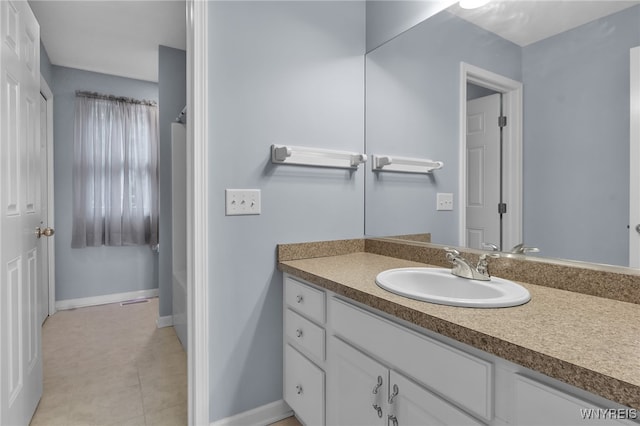 6017 Corinne Ln, Clarence, NY 14032 - bathroom featuring vanity, baseboards, shower / bath combo with shower curtain, and tile patterned floors