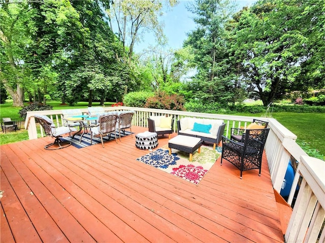 508 Countess Dr, Henrietta, NY 14586 - deck with an outdoor hangout area, a yard, view of wooded area, and outdoor dining area