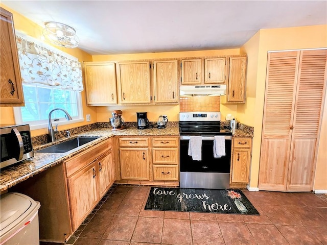 508 Countess Dr, Henrietta, NY 14586 - kitchen with appliances with stainless steel finishes, a sink, under cabinet range hood, dark tile patterned flooring, and stone countertops