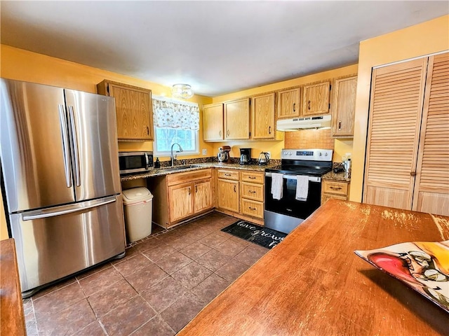 508 Countess Dr, Henrietta, NY 14586 - kitchen with appliances with stainless steel finishes, under cabinet range hood, a sink, wood counters, and dark tile patterned floors